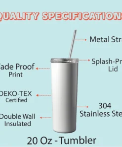 Detailed Quality Specifications Chart for Personalized Stainless Steel Tumbler Bottle, highlighting features such as metal straw, splash-proof lid, fade-proof print, Oeko-Tex certified, double-wall insulation, and 304 stainless steel construction.
