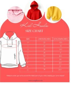 Kids hoodie size chart displaying measurements for chest, length, and sleeve across all available sizes to help parents choose the perfect fit.