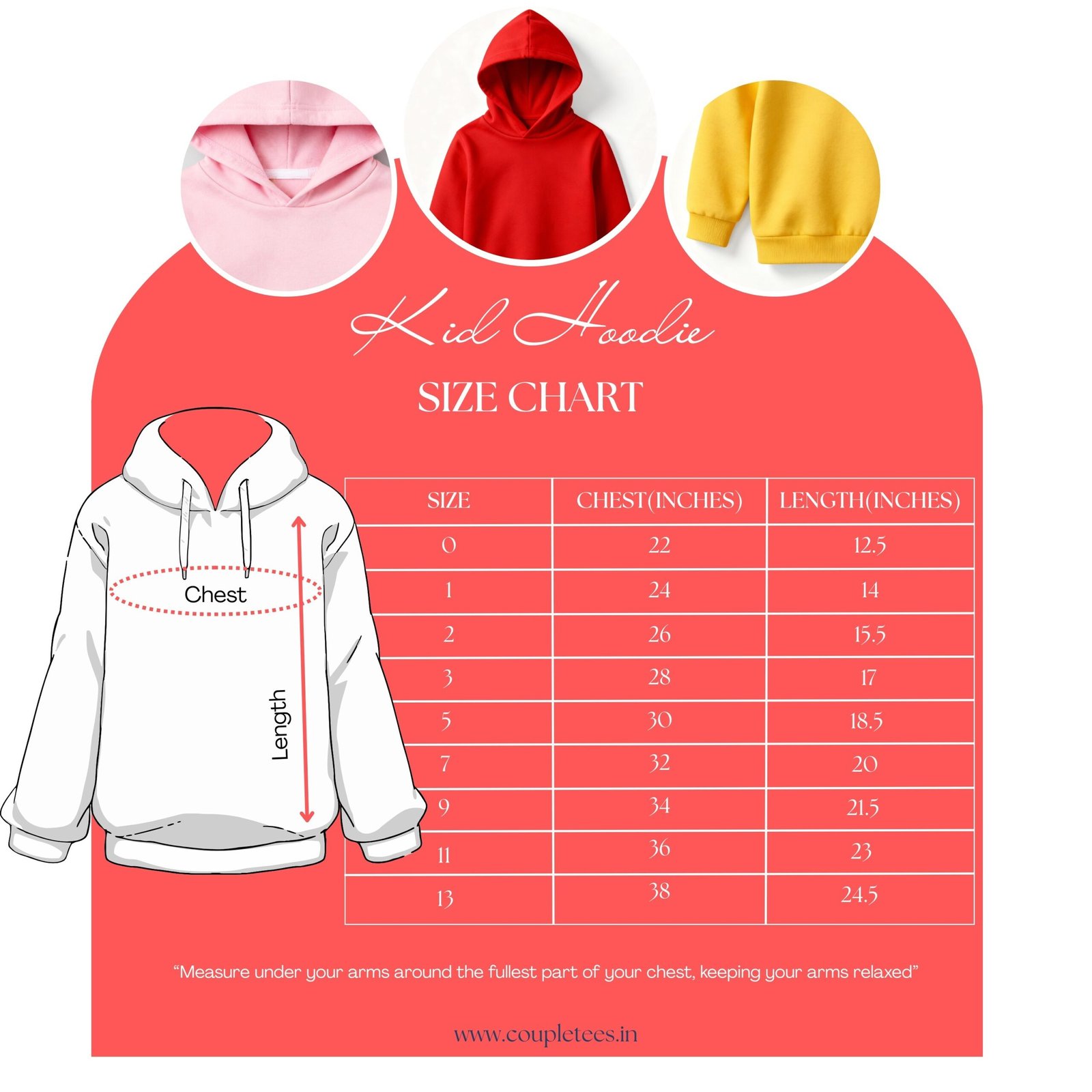 Kids hoodie size chart displaying measurements for chest, length, and sleeve across all available sizes to help parents choose the perfect fit.