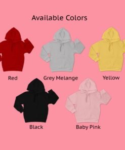 Kids hoodie available colors display with the title 'Available Colors' on top, showing plain hoodies in red, grey melange, yellow, black, and baby pink arranged neatly for selection.