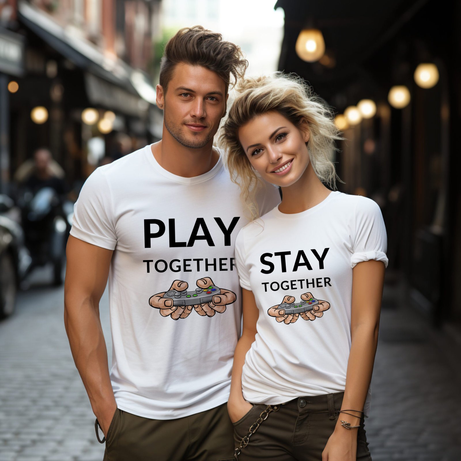 Play Together, Stay Together" couple T-shirts designed for pre-wedding photoshoots and anniversary gifts, showcasing a fun and stylish way to celebrate love.
