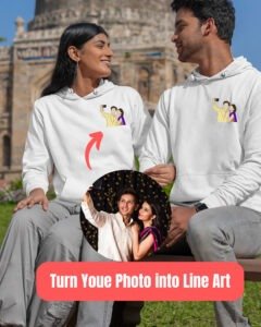 Personalized couple hoodies featuring a custom portrait design, perfect for pre-wedding photo shoots and anniversary gifts. Showcasing love and style with a cozy and unique touch