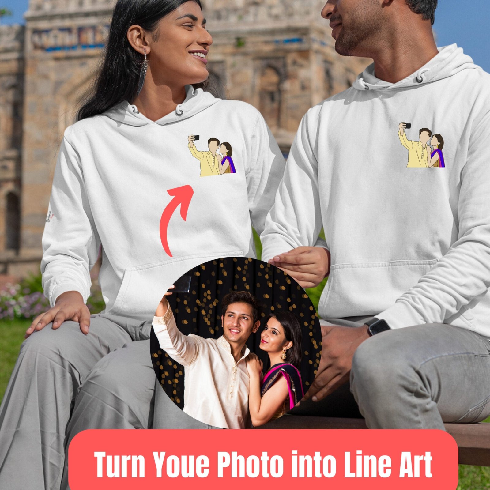 Personalized couple hoodies featuring a custom portrait design, perfect for pre-wedding photo shoots and anniversary gifts. Showcasing love and style with a cozy and unique touch