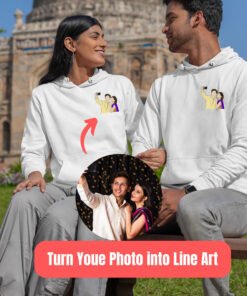 Personalized couple hoodies featuring a custom portrait design, perfect for pre-wedding photo shoots and anniversary gifts. Showcasing love and style with a cozy and unique touch