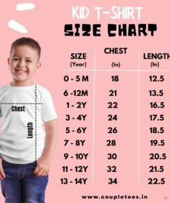 Size chart for personalized kids custom name T-shirt, available in all sizes.