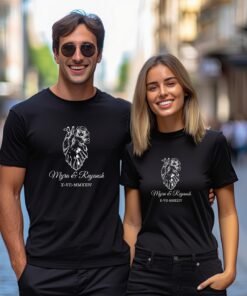 Personalized couple t-shirts featuring heart-shaped designs and Roman numerals of the wedding date, perfect for pre-wedding photoshoots and anniversary gifts.