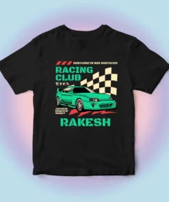 A vibrant kids' t-shirt featuring a playful car-themed design, personalized with a custom name in bold, colorful letters. The shirt is displayed on a clean, white background, showcasing its soft fabric and cheerful print, perfect for little car enthusiasts.