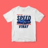 A vibrant kids' t-shirt featuring a playful car-themed design, personalized with a custom name in bold, colorful letters. The shirt is displayed on a clean, white background, showcasing its soft fabric and cheerful print, perfect for little car enthusiasts.