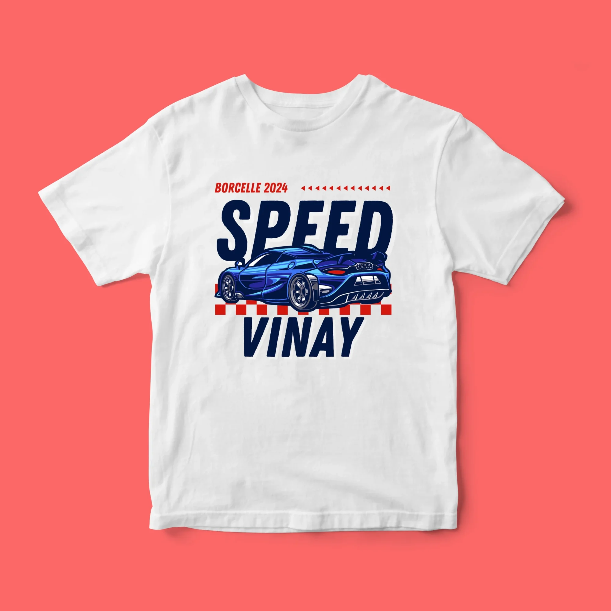 A vibrant kids' t-shirt featuring a playful car-themed design, personalized with a custom name in bold, colorful letters. The shirt is displayed on a clean, white background, showcasing its soft fabric and cheerful print, perfect for little car enthusiasts.