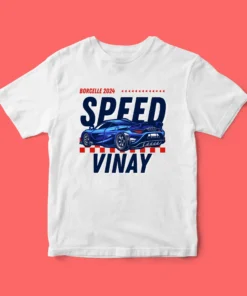 A vibrant kids' t-shirt featuring a playful car-themed design, personalized with a custom name in bold, colorful letters. The shirt is displayed on a clean, white background, showcasing its soft fabric and cheerful print, perfect for little car enthusiasts.