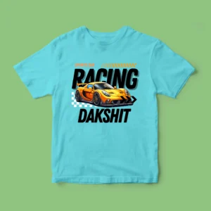 A vibrant kids' t-shirt featuring a playful car-themed design, personalized with a custom name in bold, colorful letters. The shirt is displayed on a clean, white background, showcasing its soft fabric and cheerful print, perfect for little car enthusiasts.