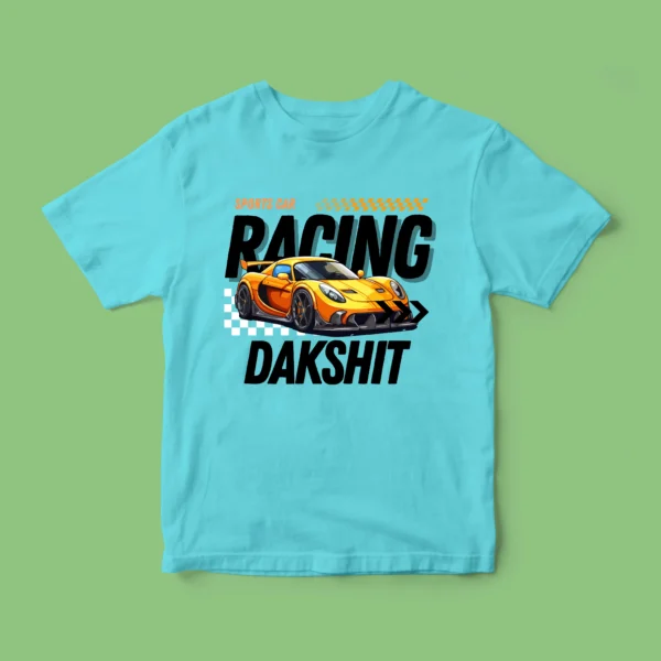 A vibrant kids' t-shirt featuring a playful car-themed design, personalized with a custom name in bold, colorful letters. The shirt is displayed on a clean, white background, showcasing its soft fabric and cheerful print, perfect for little car enthusiasts.