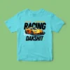 A vibrant kids' t-shirt featuring a playful car-themed design, personalized with a custom name in bold, colorful letters. The shirt is displayed on a clean, white background, showcasing its soft fabric and cheerful print, perfect for little car enthusiasts.