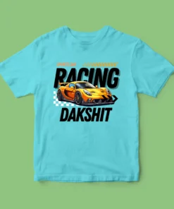 A vibrant kids' t-shirt featuring a playful car-themed design, personalized with a custom name in bold, colorful letters. The shirt is displayed on a clean, white background, showcasing its soft fabric and cheerful print, perfect for little car enthusiasts.