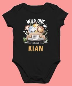 Personalized baby romper with 'Wild One' design and custom name, perfect for a unique and adorable baby outfit.