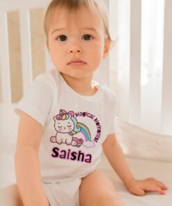 Personalized baby romper with 'Cute Unicorn' design and custom name, perfect for a unique and adorable baby outfit.