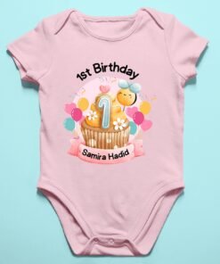 Personalized baby romper with 'First Birthday' design and custom name, perfect for a unique and adorable baby outfit. Soft, comfortable infant onesie for milestone celebrations.