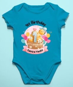 Personalized baby romper with 'First Birthday' design and custom name, perfect for a unique and adorable baby outfit. Soft, comfortable infant onesie for milestone celebrations.