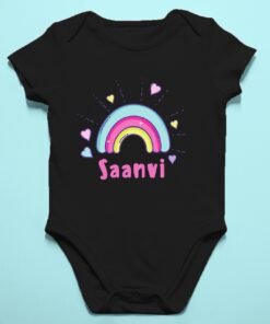 Personalized baby romper with 'Cute Rainbow' design and custom name, perfect for a unique and adorable infant onesie. Soft, colorful, and comfy for your little one.