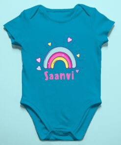 Personalized baby romper with 'Cute Rainbow' design and custom name, perfect for a unique and adorable infant onesie. Soft, colorful, and comfy for your little one.
