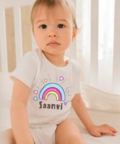Personalized baby romper with 'Cute Rainbow' design and custom name, perfect for a unique and adorable infant onesie. Soft, colorful, and comfy for your little one.