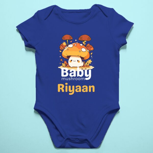 Personalized baby romper with 'Baby Mushroom' design and custom name, perfect for a unique and adorable infant onesie. Soft, cozy, and ideal for your little one."