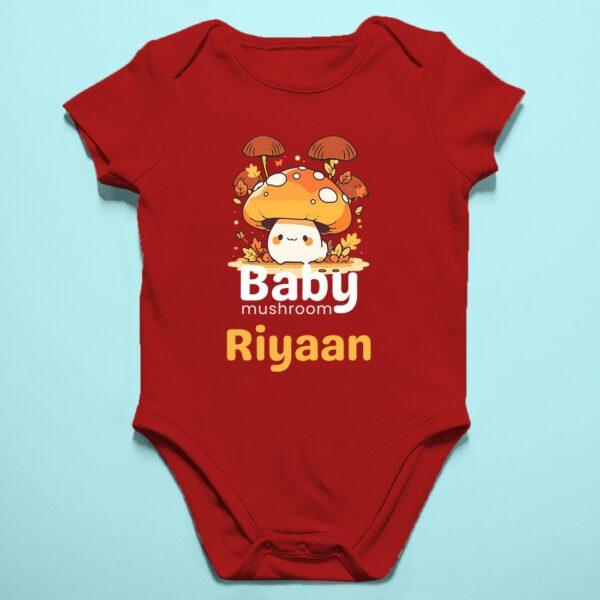 Personalized baby romper with 'Baby Mushroom' design and custom name, perfect for a unique and adorable infant onesie. Soft, cozy, and ideal for your little one."