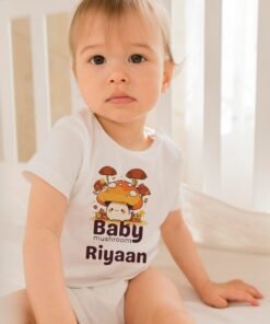 Personalized baby romper with 'Baby Mushroom' design and custom name, perfect for a unique and adorable infant onesie. Soft, cozy, and ideal for your little one."