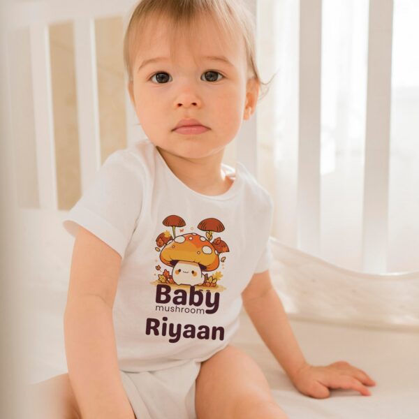 Personalized baby romper with 'Baby Mushroom' design and custom name, perfect for a unique and adorable infant onesie. Soft, cozy, and ideal for your little one."