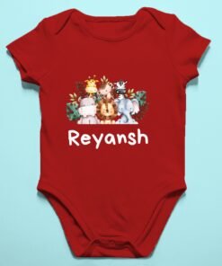 Personalized baby romper with 'Animal Theme' design and custom name, perfect for a unique and adorable infant onesie. Soft, comfy, and great for your little adventurer.