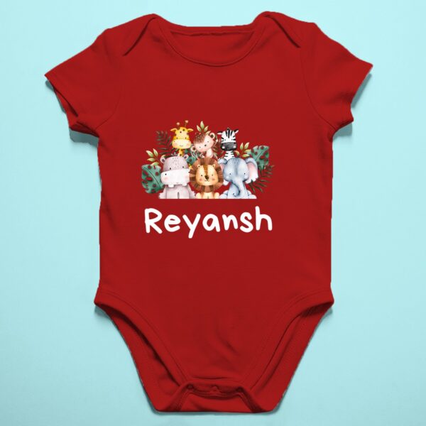 Personalized baby romper with 'Animal Theme' design and custom name, perfect for a unique and adorable infant onesie. Soft, comfy, and great for your little adventurer.