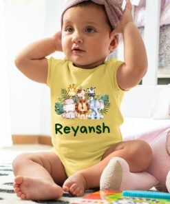 Personalized baby romper with 'Animal Theme' design and custom name, perfect for a unique and adorable infant onesie. Soft, comfy, and great for your little adventurer.