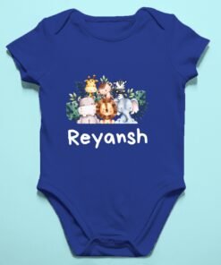 Personalized baby romper with 'Animal Theme' design and custom name, perfect for a unique and adorable infant onesie. Soft, comfy, and great for your little adventurer.