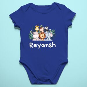 Personalized baby romper with 'Animal Theme' design and custom name, perfect for a unique and adorable infant onesie. Soft, comfy, and great for your little adventurer.