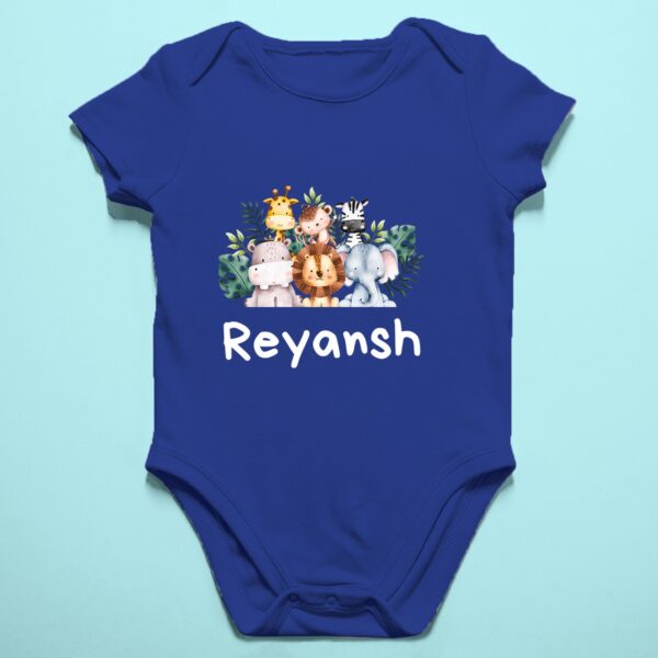 Personalized baby romper with 'Animal Theme' design and custom name, perfect for a unique and adorable infant onesie. Soft, comfy, and great for your little adventurer.