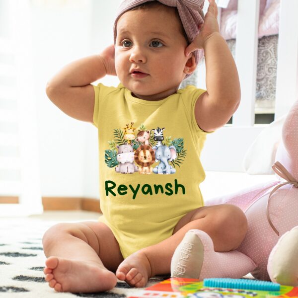 Personalized baby romper with 'Animal Theme' design and custom name, perfect for a unique and adorable infant onesie. Soft, comfy, and great for your little adventurer.