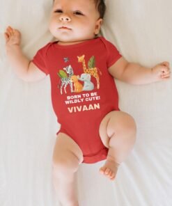 Personalized baby romper with 'Animal Theme' design and custom name, perfect for a unique and adorable infant onesie. Soft, comfy, and great for your little adventurer.
