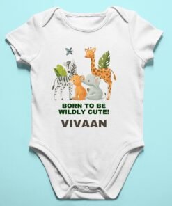 Personalized baby romper with 'Animal Theme' design and custom name, perfect for a unique and adorable infant onesie. Soft, comfy, and great for your little adventurer.