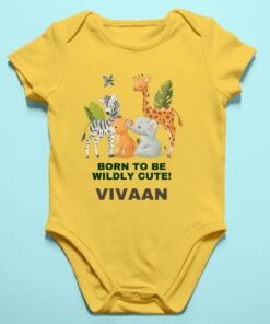 Personalized baby romper with 'Animal Theme' design and custom name, perfect for a unique and adorable infant onesie. Soft, comfy, and great for your little adventurer.