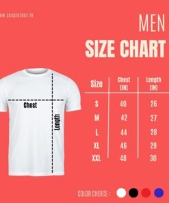 Size chart for personalized couple T-shirts showing available sizes for women (XS to 2XL) and for men (S to 2XL)