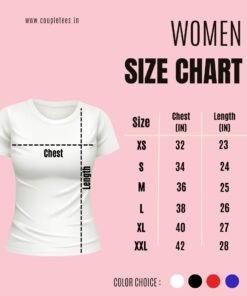 Size chart for personalized couple T-shirts showing available sizes for women (XS to 2XL) and for men (S to 2XL)