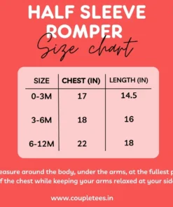 Size chart for personalised baby rompers, available in sizes from newborn to 1 year.