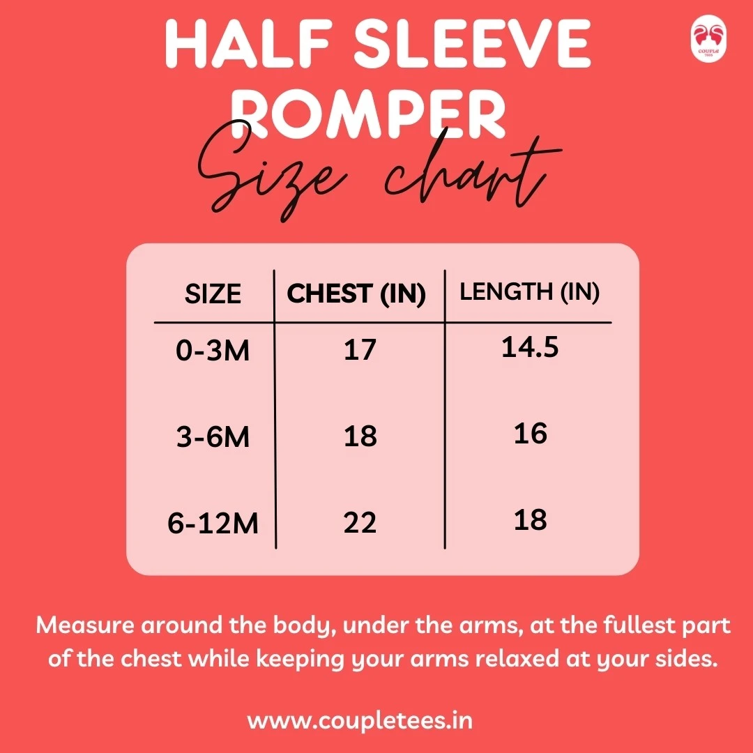 Size chart for personalised baby rompers, available in sizes from newborn to 1 year.