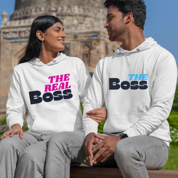 Customized Couple Hoodies - The Boss & The Real Boss Hoodies, Matching Couple Hoodies for Valentine's Day, Personalized Couple Sweatshirts, Real Boss Couple Hoodies, Custom Matching Hoodies for Couples, Couples Valentine's Day Clothing, Personalized Couples Apparel