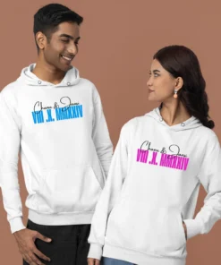 Matching Custom Hoodies featuring personalized Roman numerals and custom names, perfect for couples celebrating their wedding date or anniversary. Shop custom hoodies for couples online, designed as thoughtful and stylish gifts for special occasions."