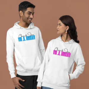 Matching Custom Hoodies featuring personalized Roman numerals and custom names, perfect for couples celebrating their wedding date or anniversary. Shop custom hoodies for couples online, designed as thoughtful and stylish gifts for special occasions."