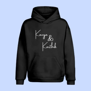 Personalised Matching Couple Hoodies featuring His and Hers names and initials, perfect for anniversaries or as a unique relationship gift. Stylish and unisex design for couples.