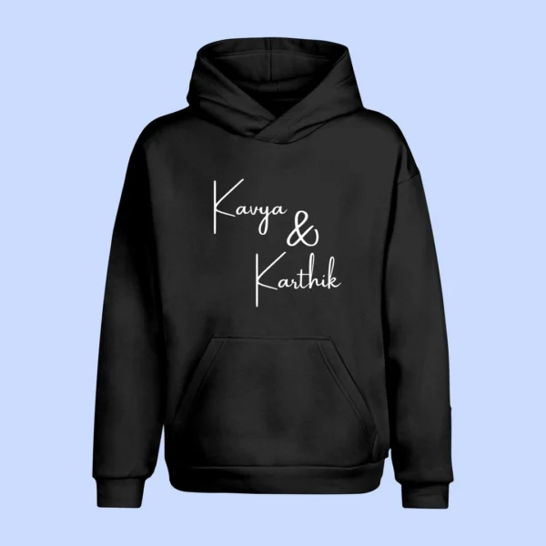 Personalised Matching Couple Hoodies featuring His and Hers names and initials, perfect for anniversaries or as a unique relationship gift. Stylish and unisex design for couples.