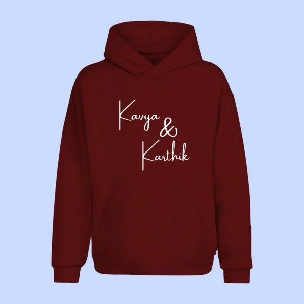 Personalised Matching Couple Hoodies featuring His and Hers names and initials, perfect for anniversaries or as a unique relationship gift. Stylish and unisex design for couples.