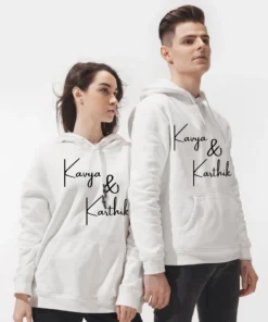 Personalised Matching Couple Hoodies featuring His and Hers names and initials, perfect for anniversaries or as a unique relationship gift. Stylish and unisex design for couples.